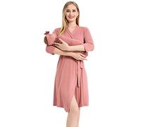 Galabloomer Maternity Robe and Baby Receiving Blanket, Matching Mommy Labor Delivery Robe and Swaddle Set Little Red Heart, Dusty Rose, Medium