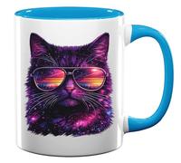 Galactic Cat Wearing Reflective Glasses Ceramic Tea Coffee Mug Light Blue