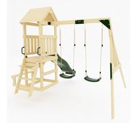Galactica Garden Wooden Swing Set With Slide And Desk Bench Playset For Kids With 2 Seats