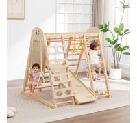 GALACTICA Wooden Indoor Jungle Gym for Kids, 9-in-1 Climbing Frame with Slide, Swing, Rope Ladder, Monkey Bars & Gym Rings, Climber Playground Playset for Gross Motor Development