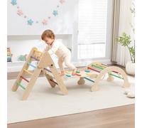 GALACTICA Wooden Kids Climbing Frame Montessori Pikler Triangle with Ramp & Arch, Indoor Climber Ladder Jungle Gym Toys for Kids, Adjustable Foldable Climbing Set with Colorful Rungs