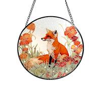 Galag Fox and California Poppy Stained Glass Suncatcher - 7.8'' Artistic Fox and Flower Panel - Perfect for Animal Lovers and Nature Enthusiasts (Golden Line)