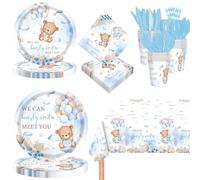 GalaHub Bear Baby Shower Decorations for Boy - 193 Pcs We Can Bearly Wait Party Supplies for 24 Guests, Includes Plates, Napkins, Cutlery, Tablecloth - Blue Bear Theme Baby Shower Decor