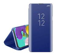 Galaxy A51 Case Smart Clear View Window Metal Electroplate Plating Stand PC Mirror Flip Folio Case 360 Degree Full Body Shockproof Cover for Samsung Galaxy A51 (BLUE)