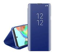 Galaxy A71 Case Smart Clear View Window Metal Electroplate Plating Stand PC Mirror Flip Folio Case 360 Degree Full Body Shockproof Cover for Samsung Galaxy A71 (BLUE)