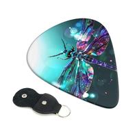 Galaxy Animal Dragonfly Printed Guitar Picks, 6 Pack with Leather Keychain Pick Holder - 0.46mm, 0.71mm, 0.96mm Assorted Thickness for Acoustic Ukulele, Electric Guitar, Acoustic Guitar, Bass
