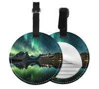 Galaxy Aurora Round Luggage Tag 2PCS Northern Light PU Leather Travel Bag Tag ID Labels Name Card Holder wtih Buckle for Luggage Suitcase Backpacks