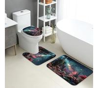 Galaxy Bathroom Mat Sets 3 Piece, Vibrant Cactus Night Sky Absorbent Non Slip Toilet Rugs U Shaped Washable, Cosmic Floral Quick Dry Memory Foam Bathroom Rug Set