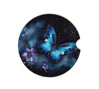 Galaxy Blue Butterfly Car Coasters for Cup Holder Wood Absorbent Cup Coaster 2.6 Inch Universal Non Slip Cork Base Drink Coaster Auto Interior Accessories for Women Men 1PCS