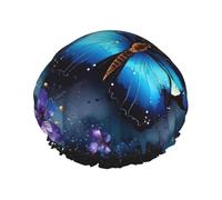Galaxy Blue Butterfly Shower Cap for Women Double Layers Thick Hair Caps Reusable Waterproof Bath Caps with Elastic Band Hair Hat Washable Shower Hat for Men Women Spa Salon