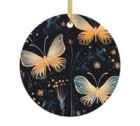 Galaxy Butterfly Leaves Christmas Tree Ceramic Hanging Ornament, Double-Sided Printed Round Ceramic Decoration with Gold String, Holiday Keepsake Gift for Home Party Décor