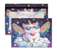 Galaxy Cat Binder Pouches 3 Ring for Boys Girls School Office College Supplies Space Unicorn Pencil Pouches Case Bag with Clear Window and Zipper 2 Pack