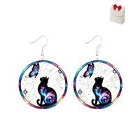 Galaxy Cat & Butterfly Earrings,Acrylic Cat & Butterfly Dangle Earrings,Lightweight Cosmic Ca-ts Dangle Jewelry,With Rainbow Galaxy Circle,Colorful Statement Earring for Daily Wear (1pair)