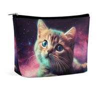 Galaxy Cat Makeup Bag, Portable PU Leather Cosmetic Bag with Zipper Pouch, Waterproof Travel Toiletry Bag for Women Men