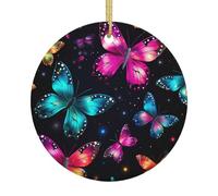Galaxy Colorful Butterfly Christmas Tree Ceramic Hanging Ornament, Double-Sided Printed Round Ceramic Decoration with Gold String, Holiday Keepsake Gift for Home Party Décor