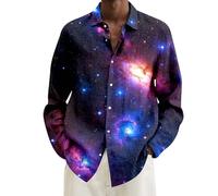 Galaxy Costume Men - Hawaiian Shirt Long Sleeve for Men, Holiday Beach Leisure, Tropical Button-Down Shirt for Men, Carnival, Fancy Dress, Disco Party, Beautiful Gift, 02 Dark Purple, S