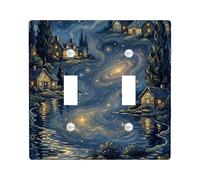 Galaxy Double Light Switch Cover Plate, Night Fanciful Houses Trees Night Blue Plastic Standard Size Wall Switch Plates Accents for New Apartment Home Bedroom Office Decor