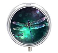 Galaxy Dragonfly 3 Compartment Portable Travel Pill Box with Round Mirror Metal Medication Storage Medicine Box for Vitamins and Oil