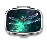 Galaxy Dragonfly Pill Box 2 Compartment Portable Travel Pill Case with Mirror Square Metal Medicines Storage Container Pocket Medicine Box to Hold Vitamins Fish Oil