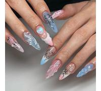 Galaxy Dream 24PCS Medium-Long Almond Shaped Press On Nails With Pastel Pink To Light Blue Gradient - Reusable DIY False Nails Featuring Pearl Glitter Hearts, Floral Motifs, Shell Designs And Black