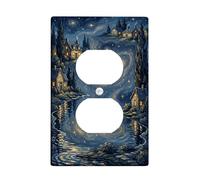 Galaxy Duplex Outlet Covers Wall Plate, Night Fanciful Houses Trees Night Blue Plastic Standard Size Wall Plates for Electrical Outlets for Home Living Room Bedroom Bathroom Decor