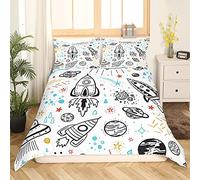 Galaxy Duvet Cover Kids Space Rocket Bedding Set Cute Planet Space Ship Design Comforter Cover for Boys Girls Children Meteor Cartoon Universe Planets Bedding & Linen King Size