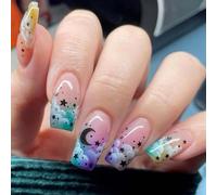 Galaxy Gradient False Nails with Star Moon Celestial Design - Squoval Press On Nails Kit Soft Pastel Glitter Glossy Manicure Includes Jelly Gel Adhesive for Women Art Enthusiasts