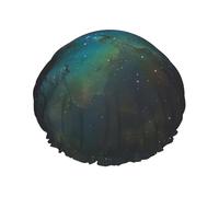 Galaxy Green Print Shower Cap - Reusable Bath Hair Cap, Double Layer, Adjustable Elastic Strap, Durable Travel Essential