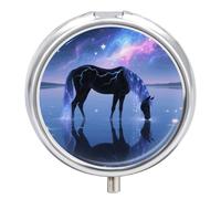 Galaxy Horse Pill Case with Mirror Retro 3 Compartment Small Pill Organizer Metal Round Pill Box Or Vitamins Fish Oil Supplements Pill Container Travel for Purse Pocket