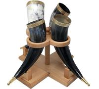 Galaxy Indiacraft Viking Drinking Handmade Natural OX Horn | Tankard | Mug | Cup for Ale, Beer, Mead, Wine | 12 to 15 Inch | 100% Leak Free | with Beautiful Wooden Stand (Set of 4)