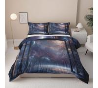 Galaxy Landscape Duvet Cover Set, Starry Night Reversible Bedding Set, Cosmic View Polycotton 3 pcs Lightweight Premium Quilt Cover Set for All Seasons With Zipper (Window View, Single)