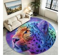 Galaxy Leopard Print Round Rug 90 cm, Blue Ombre Washable Carpet | Funky Animal Spots Circle Floor Mat, Non Slip Velvet Feel Low Pile Base, Cool Aesthetic Rug for Teen Girls Bedroom