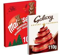 Galaxy & Maltesars Reindeer Milk Chocolate Advent Calendar 108g | Festive featuring 1 x Galaxy Milk Chocolate Advent Calendar 110g & 1 x Maltesers Reindeer Chocolate Advent Calendar 108g