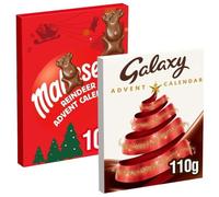 Galaxy & Maltesars Reindeer Milk Chocolate Advent Calendar 108g | Festive featuring 1 x Galaxy Milk Chocolate Advent Calendar 110g & 1 x Maltesers Reindeer Chocolate Advent Calendar 108g