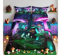 Galaxy Mushroom Bedding Set Purple Green Mushroom Duvet Cover Set for Kids Boys Girls Natural Wild Fungus Comforter Cover Soft Quilt Cover 1 Duvet Cover with 2 Pillowcases King