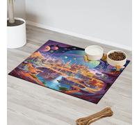 Galaxy Outer Space City Pet Feeding Mat for Cat Dog Water Bowl Food Mats Pet Feeding Mats Absorbent Nti-Slip Contain Spills Protects Floors Placemat 43.1 x 76.2 cm