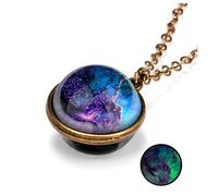 Galaxy Planet Pendant Necklace Glow in Dark Double Side Glass Crystal Ball Moon Earth Astronomy Universe Necklace Luminios Gemstone Necklace for Women Men Friends Gift, Zinc, No Gemstone