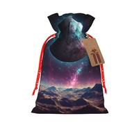 Galaxy Planet Printed Christmas Drawstring Bags,S Reusable Xmas Gift Storage Bags, Red Christmas Ribbon