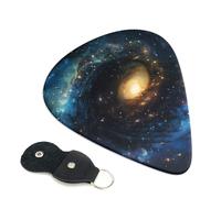 Galaxy Printed Guitar Picks, 6 Pack with Leather Keychain Pick Holder - 0.46mm, 0.71mm, 0.96mm Assorted Thickness for Acoustic Ukulele, Electric Guitar, Acoustic Guitar, Bass