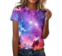 Galaxy Shirt Women's 3D Galaxy Print Tops Round Neck Glitter T-Shirts Funny Alien Tops Universe Star Space Carnival Costume Party Festive Blouses Starry Sky Outfit Fashion Casual T-Shirt, White-a, L