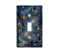 Galaxy Single Light Switch Cover Plate, Night Fanciful Houses Trees Night Blue Plastic Standard Size Decorative Wall Plates for Living Room Bedroom Home Office Decor (Single)