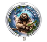 Galaxy Sloth Pill Box 3 Compartment Travel Pill Organizer 3 Times A Day Cute Mini Pill Case for Purse & Pocket Portable Metal Medicine Box with Mirror Round Daily Medicine Vitamin Container