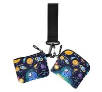 Galaxy Solar Planets Pluto Venus Mars Jupiter Comet Skyrocket Astronaut Dual Coin Purse Credit Card Holder Wallet Minimalist Wristlet Wallet Key Holder with Keychain for Ladies 2 Packs, Galaxy Solar