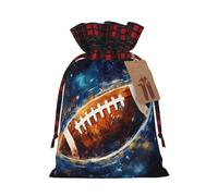 Galaxy Space American Football Christmas Drawstring Linen Gift Bag Paired With Scottish Plaid Fabric, With A Delicate And Simple Texture