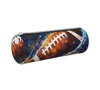 Galaxy Space American Football Printed Leather Pencil Case Cute Stationery Organizer Round Makeup Bag Pen Pouch, Silver Zipper