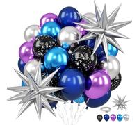 Galaxy Space Balloons, 12 Inch Navy Blue Metallic Blue Purple Silver Black Star Print Balloons with Silver Star Foil Balloon for Boys Astronaut Space Birthday Party Decoration