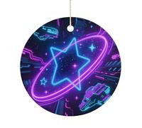 Galaxy Space Double-Sided Ceramic Christmas Ornaments - Round Hanging Mini Xmas Tree Decorations, Ideas for Farmers, Rustic Home Decor for Indoor Outdoor Tree Decor