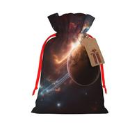 Galaxy Space Planet Printed Christmas Drawstring Bags,S | Reusable Xmas Gift Storage Bags, Red Ribbon