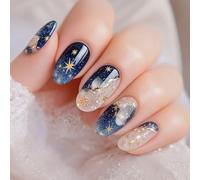 Galaxy Starry Night Press-On Nails with Gold Foil Blue Gradient Shimmer - Short Square False Fake Nails Set Kit for Women Halloween Reusable French Tip Flower Almond Toe ABS Material Cat Eye