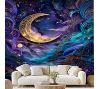 Galaxy Starry Sky Moon Mural Fantasy Cloud Wave Self-Adhesive Wallpaper 100x70 cm Chinese Architecture Canvas Wall Paper for Bedroom Living Room Wall Mural Removable Stickers zw176x